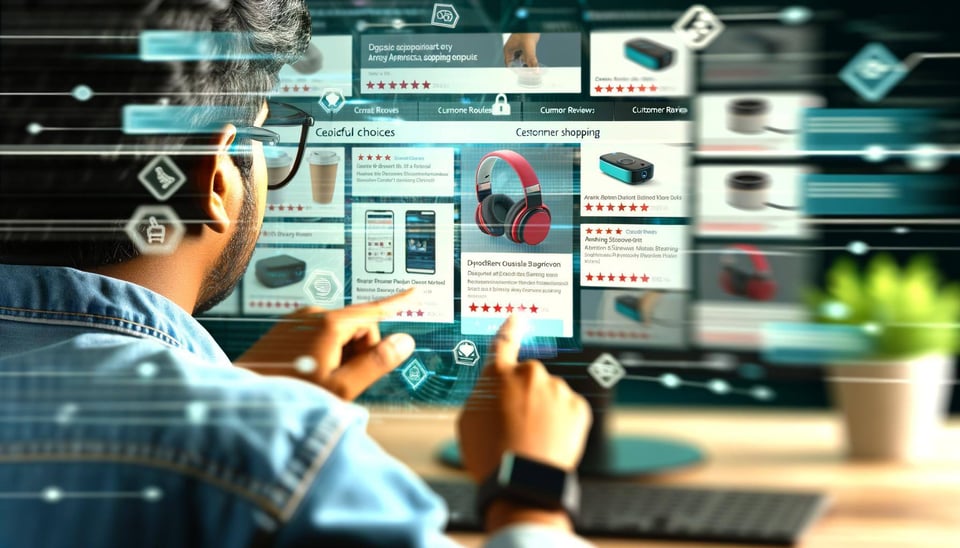 A detailed image of a american people shopping online, surrounded by various screens showing products, reviews, and personalized recommendations